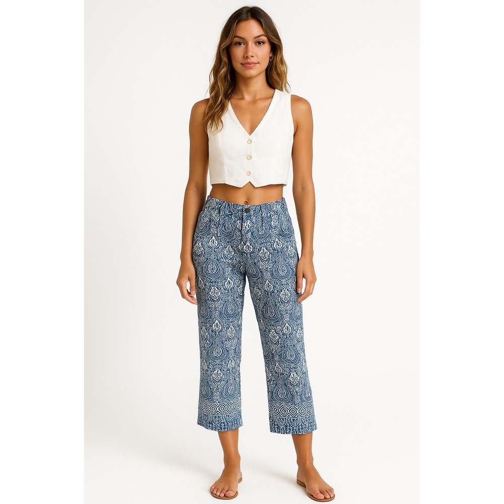 VTG Lauren Ralph Lauren Womens Blue Paisley Cropped Pants Size 8 Preppy Coastal